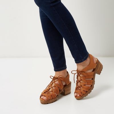 Brown lace-up chunky mid heel sandals